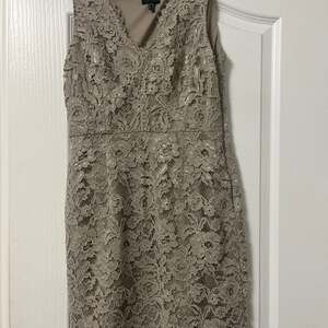 Adrianna Papell Shimmer Lace V-Neck Sleeveless Sheath Cocktail Dress in Taupe